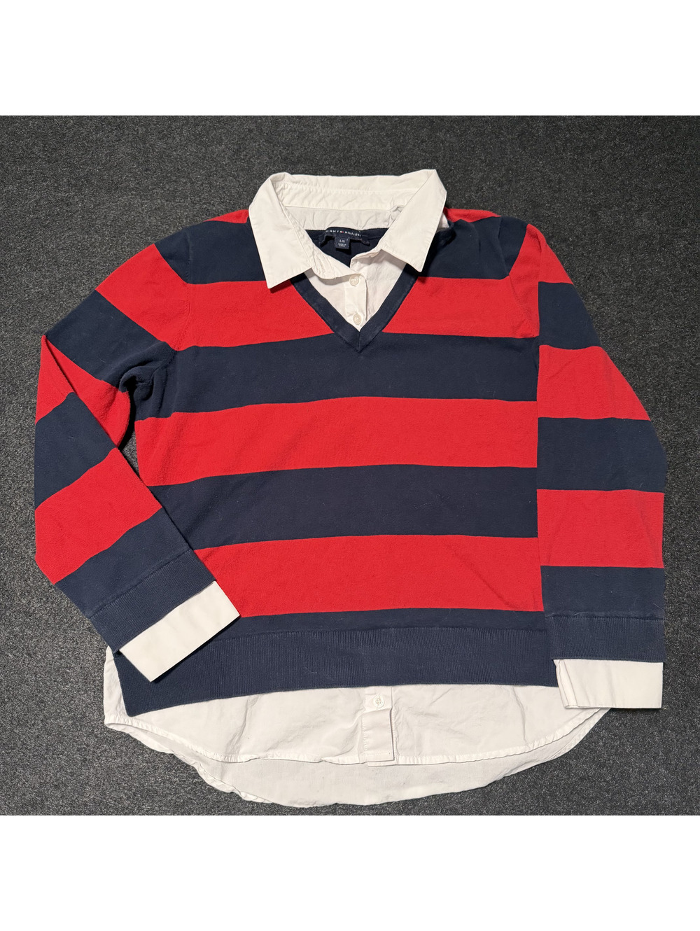 Tommy Hilfiger Womens Large Red Blue Striped Layered Collared Preppy V-Neck L